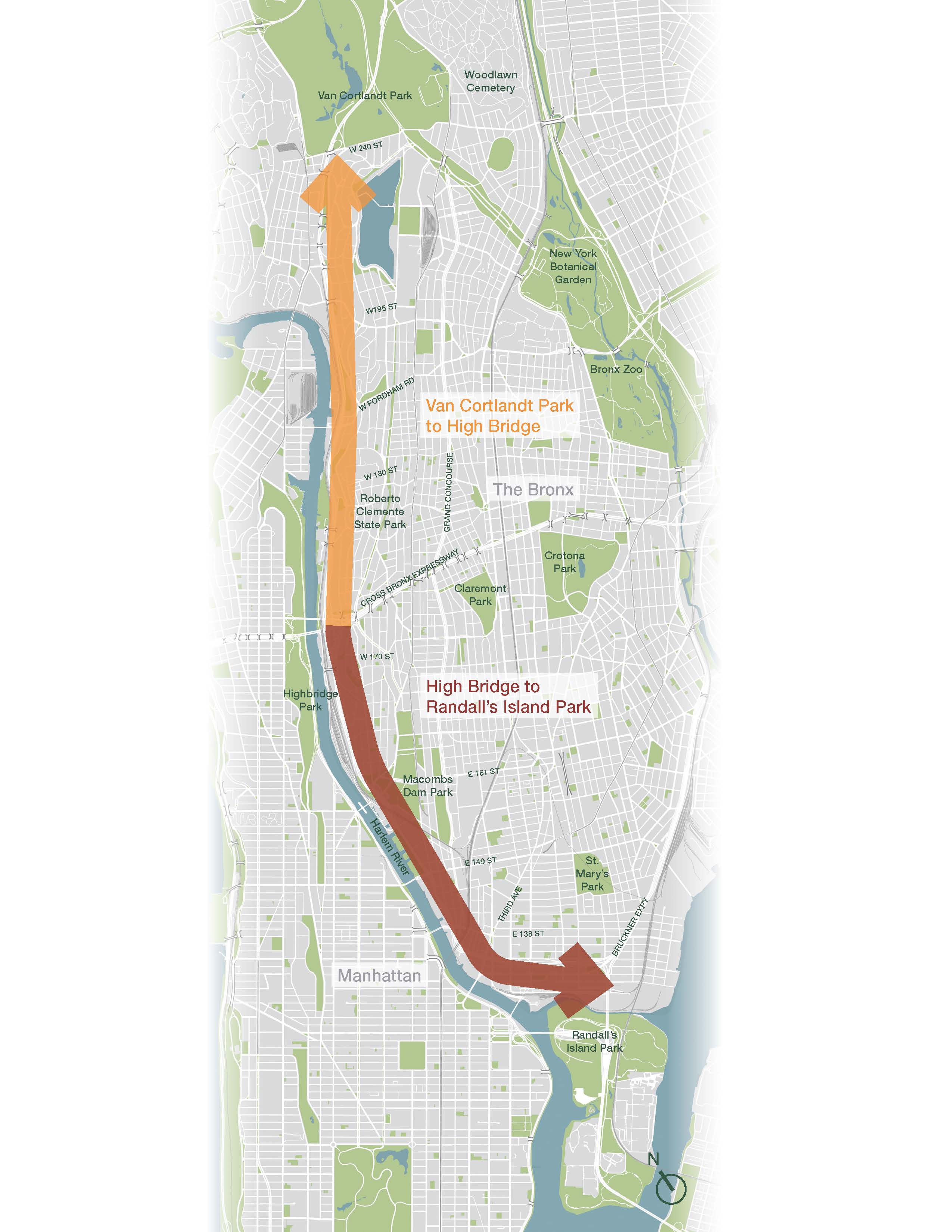 Map detailing the two segments of the Harlem River Greenway, with the northern half running from Van Cortlandt Park to the High Bridge, and southern half running from the High Bridge to Randall's Island Park.